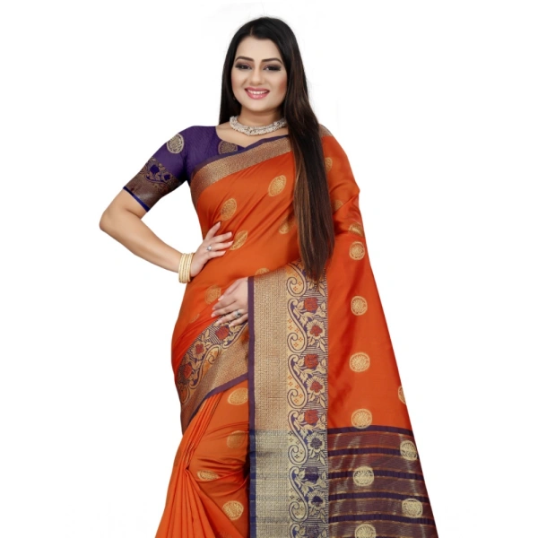 Women's Silk Blend Woven Saree With Unstitched Blouse 5.5Mtr (Blue-Orange) - Blue-Orange