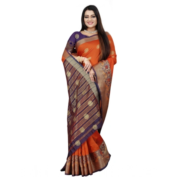Women's Silk Blend Woven Saree With Unstitched Blouse 5.5Mtr (Blue-Orange) - Blue-Orange