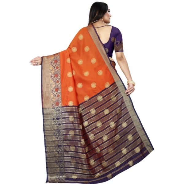 Women's Silk Blend Woven Saree With Unstitched Blouse 5.5Mtr (Blue-Orange) - Blue-Orange