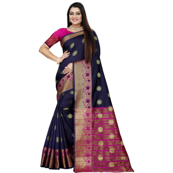 Women's Silk Blend Woven Saree With Unstitched Blouse 5.5Mtr (Dark Blue-Pink) - Dark Blue-Pink