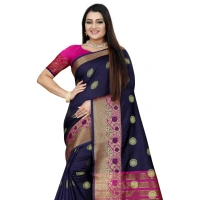 Women's Silk Blend Woven Saree With Unstitched Blouse 5.5Mtr (Dark Blue-Pink) - Dark Blue-Pink