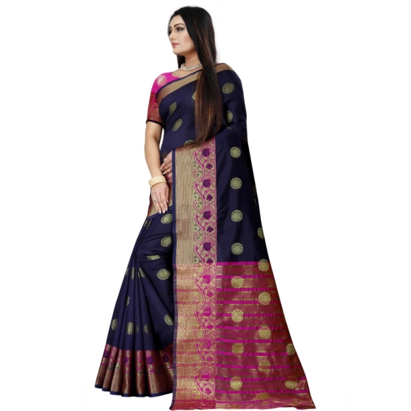 Women's Silk Blend Woven Saree With Unstitched Blouse 5.5Mtr (Dark Blue-Pink) - Dark Blue-Pink