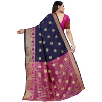 Women's Silk Blend Woven Saree With Unstitched Blouse 5.5Mtr (Dark Blue-Pink) - Dark Blue-Pink