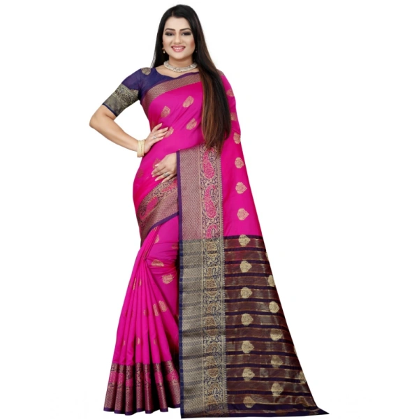 Women's Silk Blend Woven Saree With Unstitched Blouse 5.5Mtr (Purple-Pink) - Purple-Pink