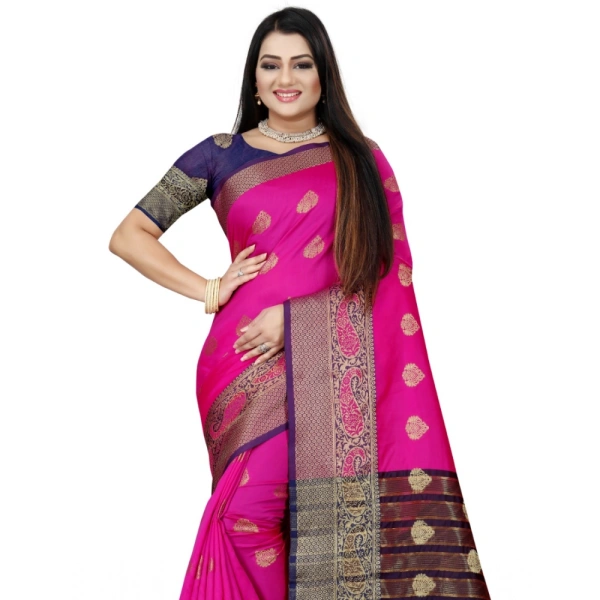 Women's Silk Blend Woven Saree With Unstitched Blouse 5.5Mtr (Purple-Pink) - Purple-Pink
