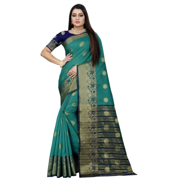 Women's Silk Blend Woven Saree With Unstitched Blouse 5.5Mtr (Green-Blue) - Green-Blue