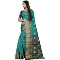Women's Silk Blend Woven Saree With Unstitched Blouse 5.5Mtr (Green-Blue) - Green-Blue