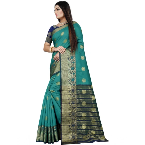 Women's Silk Blend Woven Saree With Unstitched Blouse 5.5Mtr (Green-Blue) - Green-Blue