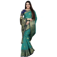 Women's Silk Blend Woven Saree With Unstitched Blouse 5.5Mtr (Green-Blue) - Green-Blue