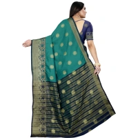 Women's Silk Blend Woven Saree With Unstitched Blouse 5.5Mtr (Green-Blue) - Green-Blue