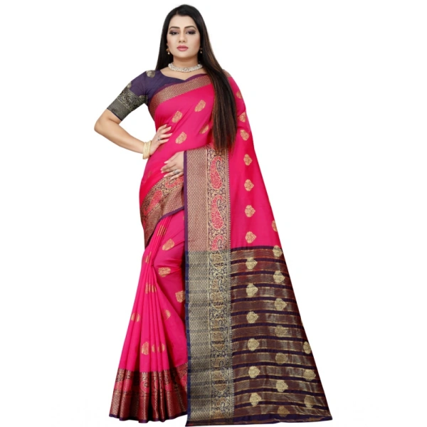 Women's Silk Blend Woven Saree With Unstitched Blouse 5.5Mtr (Purple-Pink) - Purple-Pink