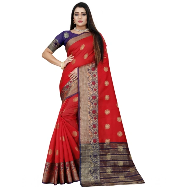 Women's Silk Blend Woven Saree With Unstitched Blouse 5.5Mtr (Red-Blue) - Red-Blue