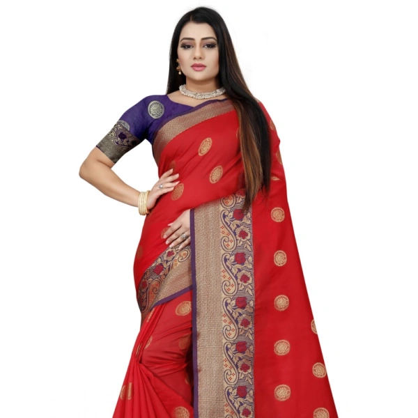 Women's Silk Blend Woven Saree With Unstitched Blouse 5.5Mtr (Red-Blue) - Red-Blue