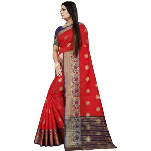 Women's Silk Blend Woven Saree With Unstitched Blouse 5.5Mtr (Red-Blue) - Red-Blue