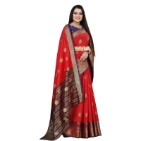 Women's Silk Blend Woven Saree With Unstitched Blouse 5.5Mtr (Red-Blue) - Red-Blue
