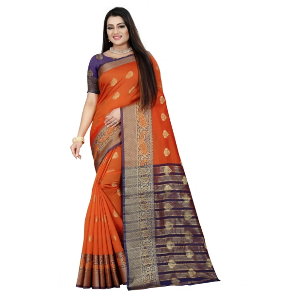Women's Silk Blend Woven Saree With Unstitched Blouse 5.5Mtr (Purple-Orange) - Purple-Orange