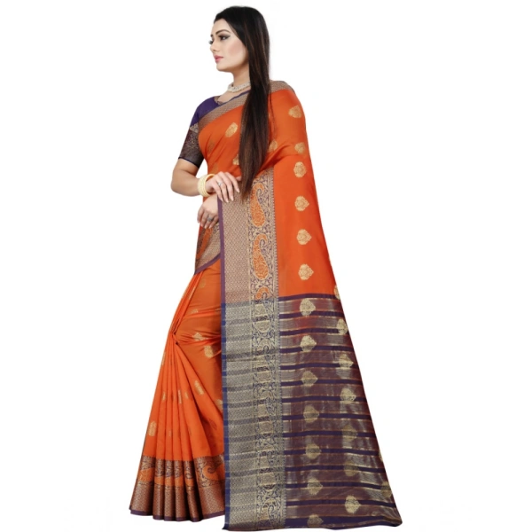 Women's Silk Blend Woven Saree With Unstitched Blouse 5.5Mtr (Purple-Orange) - Purple-Orange