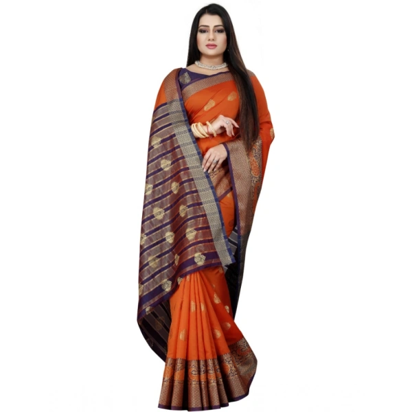 Women's Silk Blend Woven Saree With Unstitched Blouse 5.5Mtr (Purple-Orange) - Purple-Orange