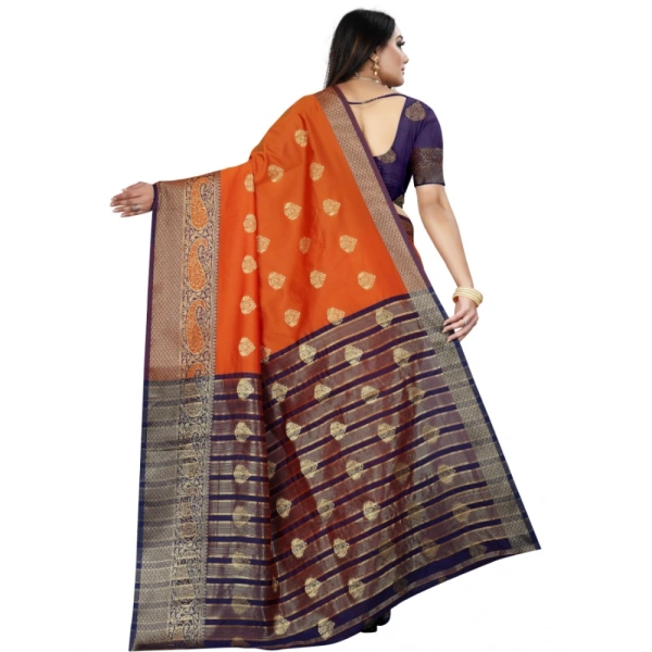 Women's Silk Blend Woven Saree With Unstitched Blouse 5.5Mtr (Purple-Orange) - Purple-Orange
