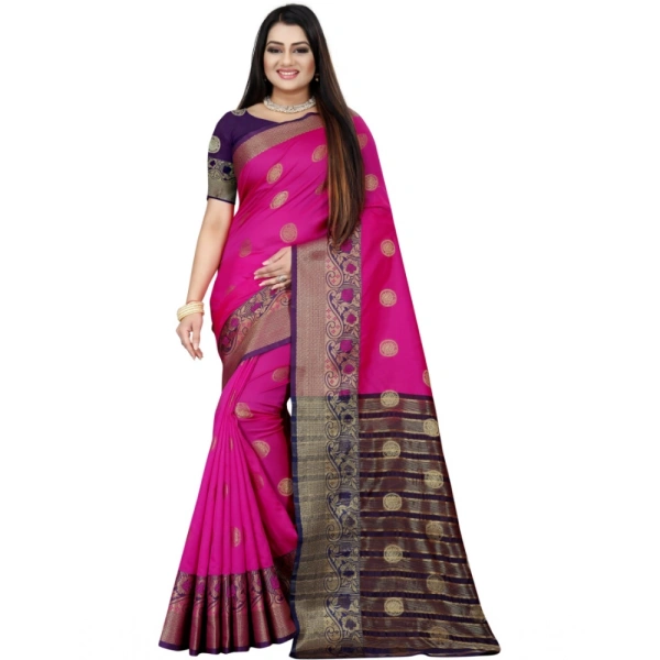 Women's Silk Blend Woven Saree With Unstitched Blouse 5.5Mtr (Blue-Pink) - Blue-Pink