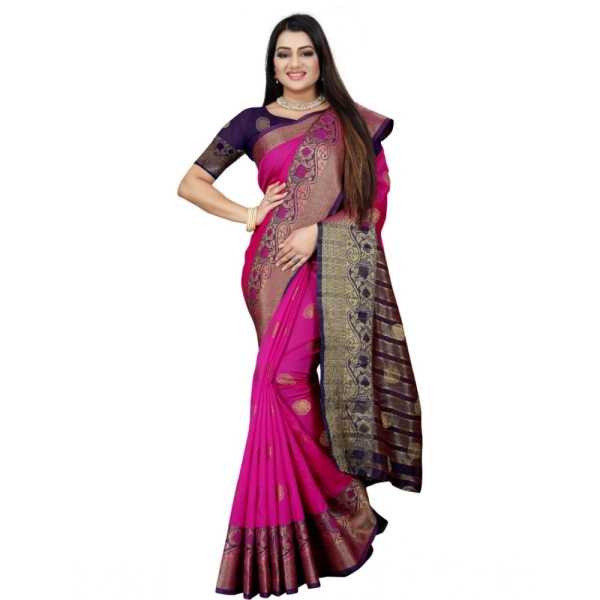 Women's Silk Blend Woven Saree With Unstitched Blouse 5.5Mtr (Blue-Pink) - Blue-Pink