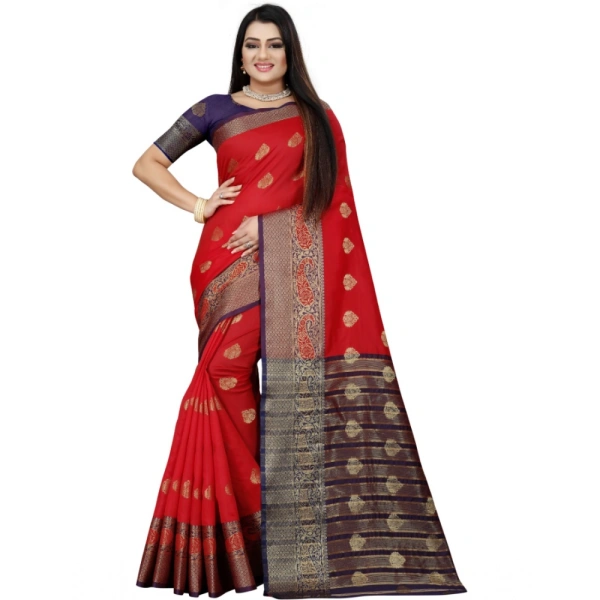 Women's Silk Blend Woven Saree With Unstitched Blouse 5.5Mtr (Purple-Red) - Purple-Red
