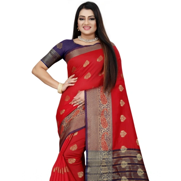 Women's Silk Blend Woven Saree With Unstitched Blouse 5.5Mtr (Purple-Red) - Purple-Red