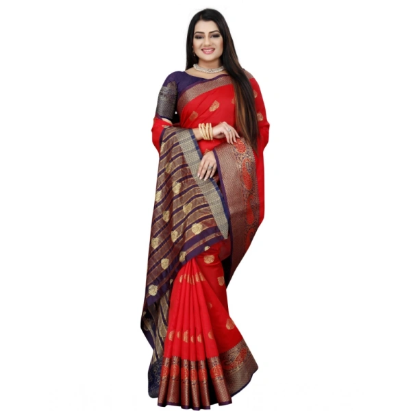 Women's Silk Blend Woven Saree With Unstitched Blouse 5.5Mtr (Purple-Red) - Purple-Red