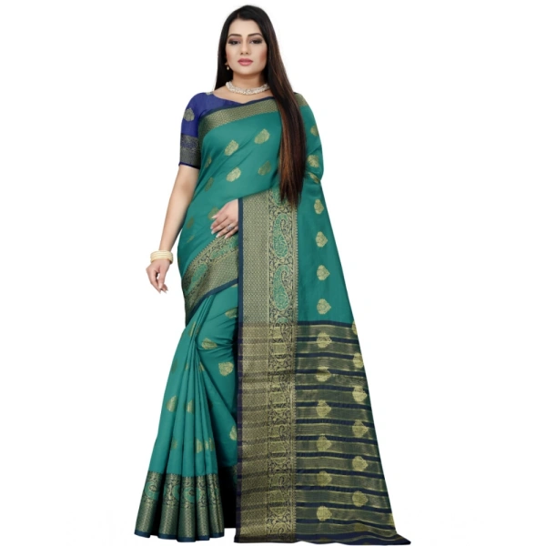 Women's Silk Blend Woven Saree With Unstitched Blouse 5.5Mtr (Dark Blue-Green) - Dark Blue-Green