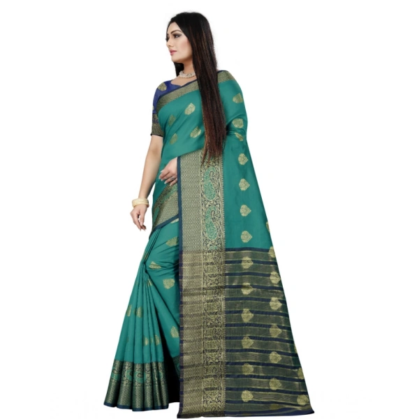 Women's Silk Blend Woven Saree With Unstitched Blouse 5.5Mtr (Dark Blue-Green) - Dark Blue-Green