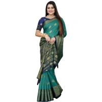 Women's Silk Blend Woven Saree With Unstitched Blouse 5.5Mtr (Dark Blue-Green) - Dark Blue-Green