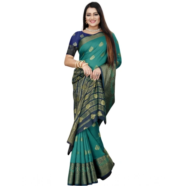 Women's Silk Blend Woven Saree With Unstitched Blouse 5.5Mtr (Dark Blue-Green) - Dark Blue-Green