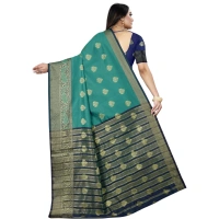 Women's Silk Blend Woven Saree With Unstitched Blouse 5.5Mtr (Dark Blue-Green) - Dark Blue-Green