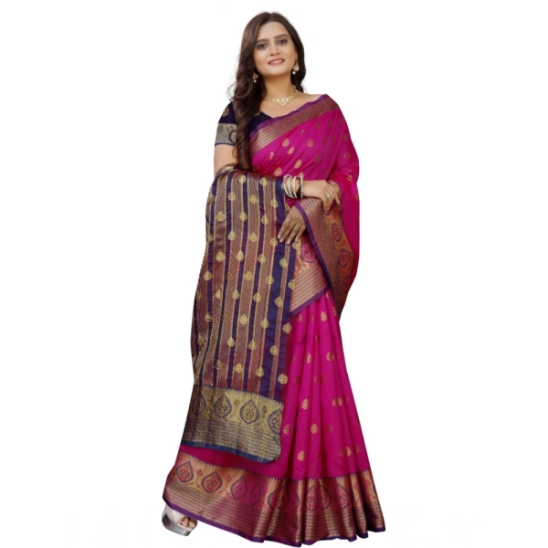 Women's Silk Blend Woven Saree With Unstitched Blouse 5.5Mtr (Purple-Pink) - Purple-Pink