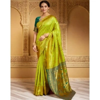 Women's Silk Blend Zari Weaving Saree With Unstitched Blouse 5.5Mtr (Lime-Green)