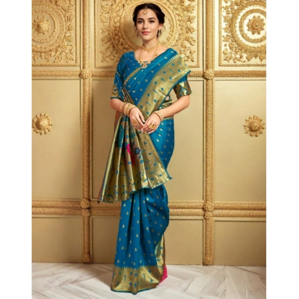 Women's Silk Blend Zari Weaving Saree With Unstitched Blouse 5.5Mtr (Turquoise)