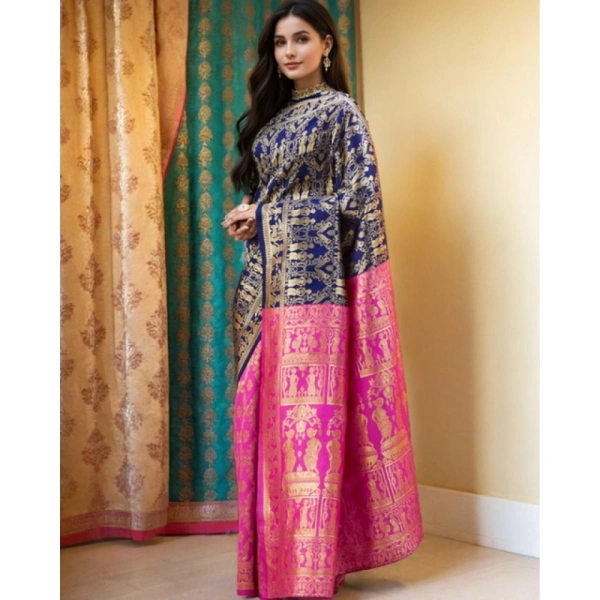 Women's Silk Blend Zari Weaving Saree With Unstitched Blouse 5.5Mtr (Navy)