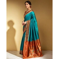 Women's Silk Blend Zari Woven Saree With Unstitched Blouse 5.5Mtr (Rama)