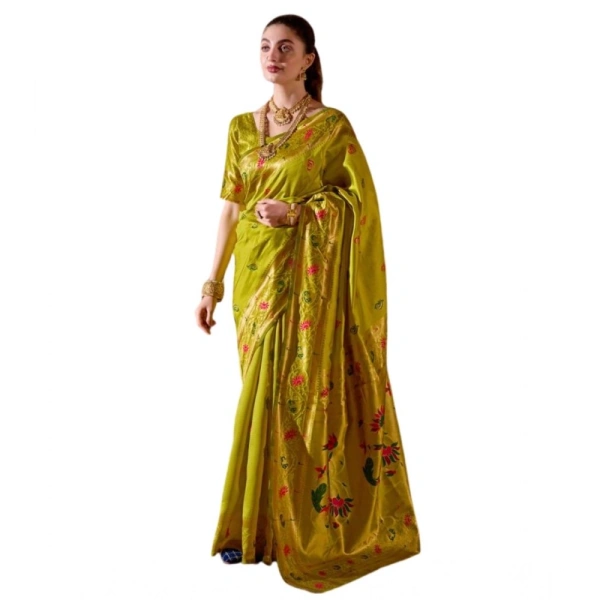 Women's Silk Blend Zari Woven Saree With Unstitched Blouse 5.5Mtr (Lime Green)