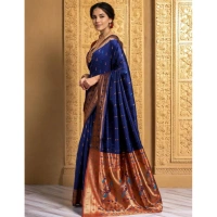 Women's Silk Blend Zari Woven Saree With Unstitched Blouse 5.5Mtr (Navy)