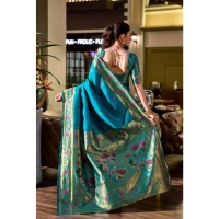 Women's Silk Blend Zari Woven Saree With Unstitched Blouse 5.5Mtr (Turquoise)
