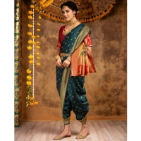 Women's Silk Blend Zari Woven Saree With Unstitched Blouse 5.5Mtr (Dark-Green)