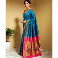 Women's Silk Blend Zari Woven Saree With Unstitched Blouse 5.5Mtr (Aqua)