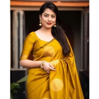 Generic Women's Silk Printed Saree With Unstitched Blouse 5.5Mtr (Yellow) - Yellow