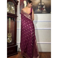 Generic Women's Silk Printed Saree With Unstitched Blouse 5.5Mtr (Wine) - Wine