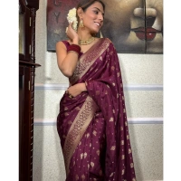 Generic Women's Silk Printed Saree With Unstitched Blouse 5.5Mtr (Wine) - Wine