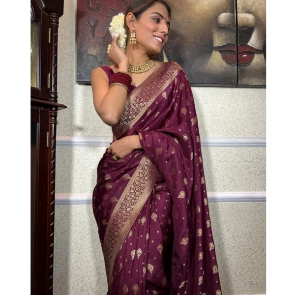 Generic Women's Silk Printed Saree With Unstitched Blouse 5.5Mtr (Wine) - Wine