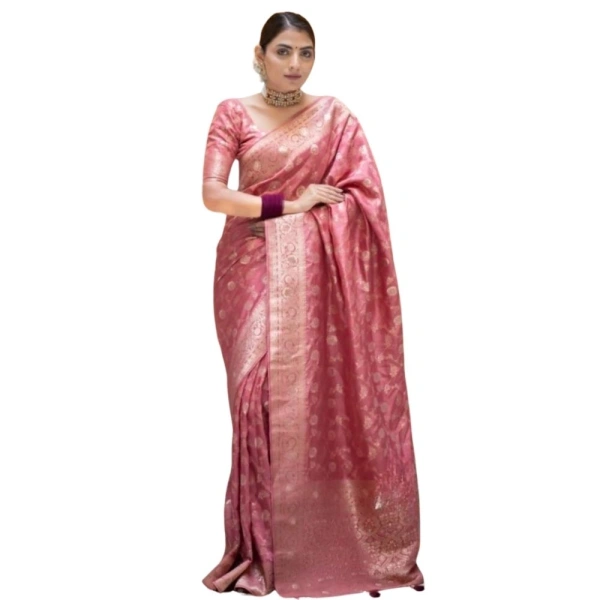 Generic Women's Silk Printed Saree With Unstitched Blouse 5.5Mtr (Peach) - Peach