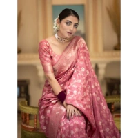 Generic Women's Silk Printed Saree With Unstitched Blouse 5.5Mtr (Peach) - Peach