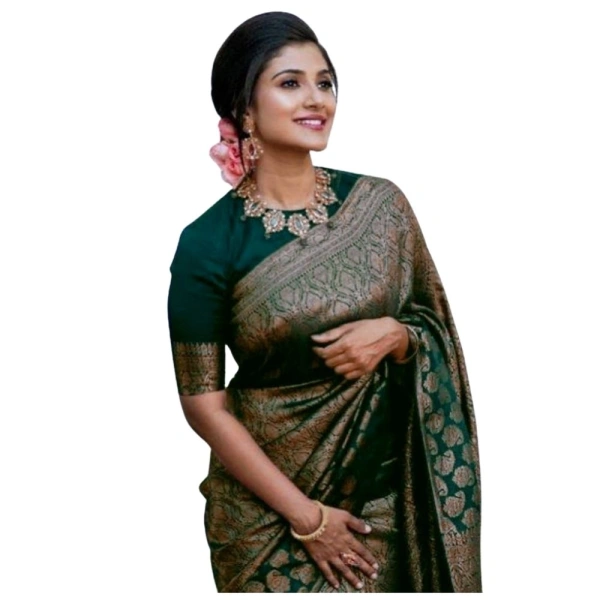 Generic Women's Silk Printed Saree With Unstitched Blouse 5.5Mtr (Green) - Green